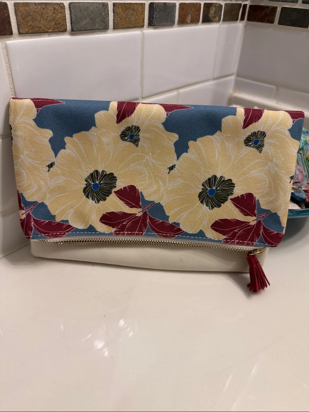 Rachel Pally Blue Floral Fold-Over Clutch with Cream Base